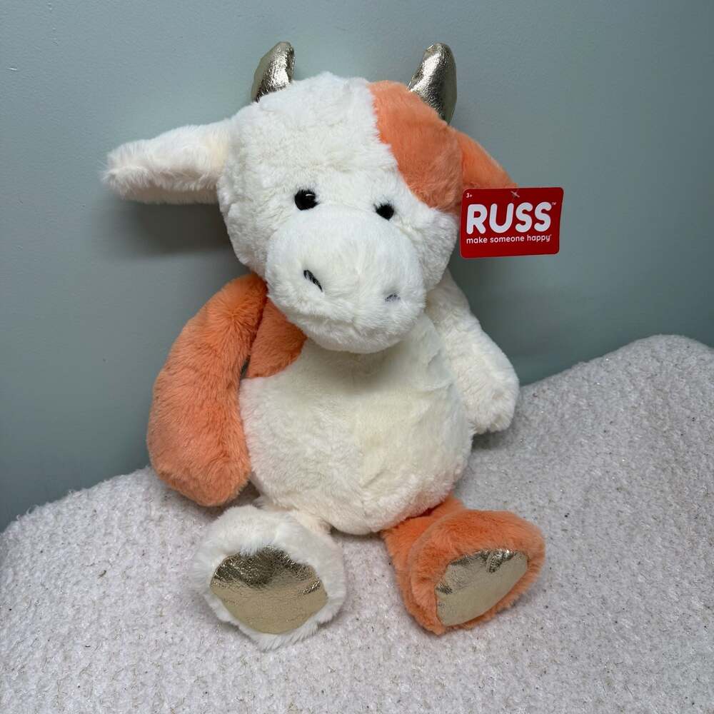 Russ Orange and White Cow Plush Toy with Gold Horns & Hooves Creamsicle Colors